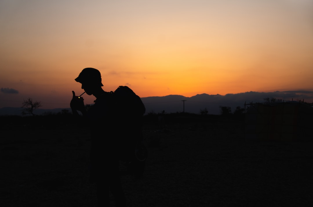 a silhouette of a man holding a dog at sunset